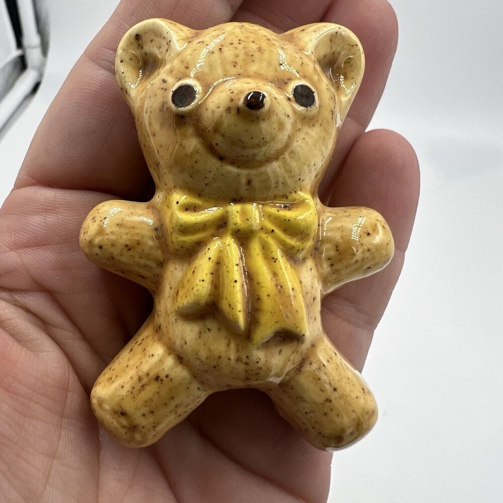 Rare Vintage Macrame Ceramic Bead Baby Bear Brown Yellow Bow Figurine Stuffy